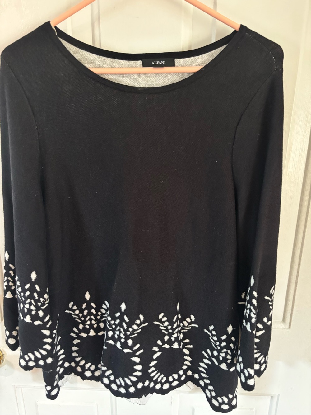 Alfani Black Long-Sleeve Crewneck Top with White Scalloped Floral Hem